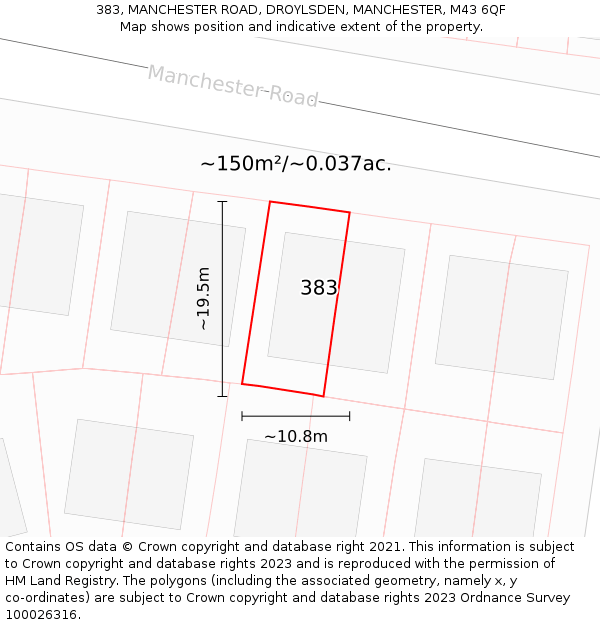 383, MANCHESTER ROAD, DROYLSDEN, MANCHESTER, M43 6QF: Plot and title map