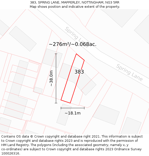 383, SPRING LANE, MAPPERLEY, NOTTINGHAM, NG3 5RR: Plot and title map