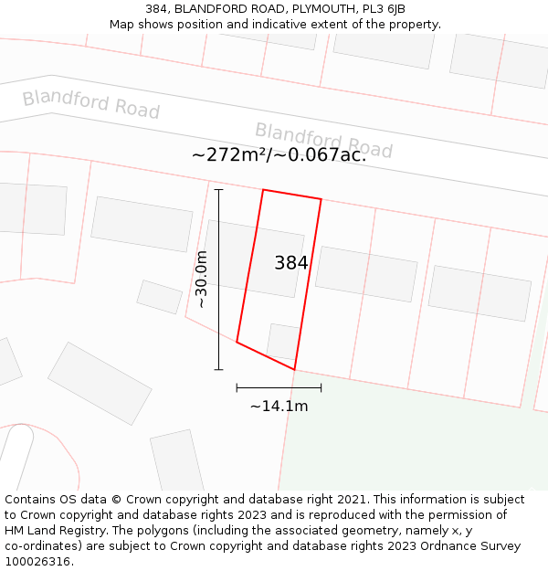 384, BLANDFORD ROAD, PLYMOUTH, PL3 6JB: Plot and title map
