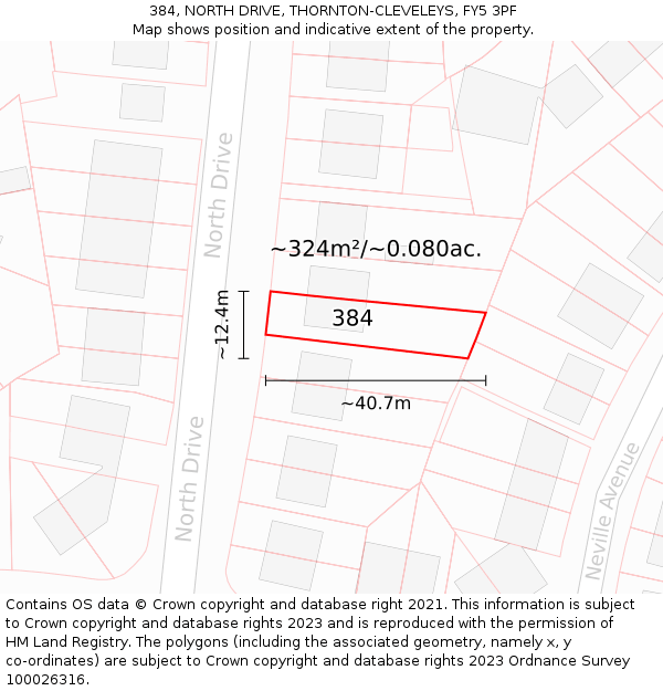 384, NORTH DRIVE, THORNTON-CLEVELEYS, FY5 3PF: Plot and title map