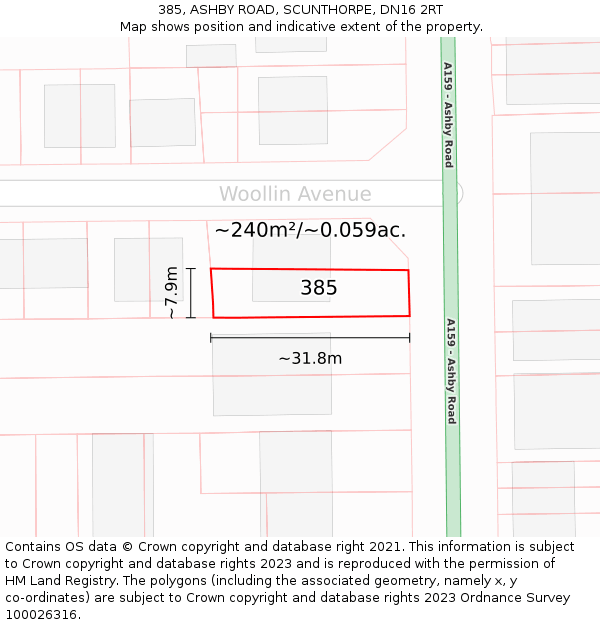 385, ASHBY ROAD, SCUNTHORPE, DN16 2RT: Plot and title map