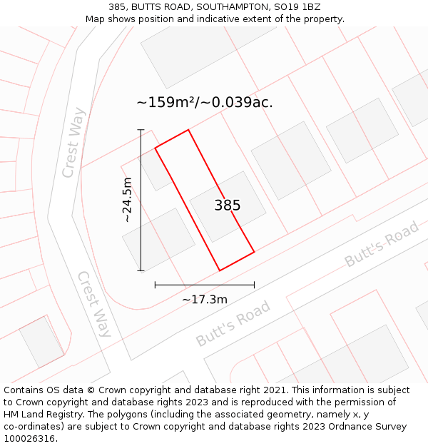 385, BUTTS ROAD, SOUTHAMPTON, SO19 1BZ: Plot and title map