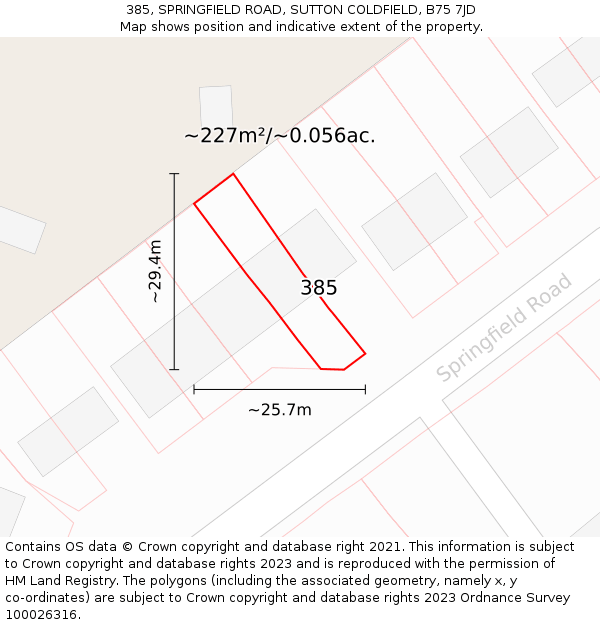 385, SPRINGFIELD ROAD, SUTTON COLDFIELD, B75 7JD: Plot and title map