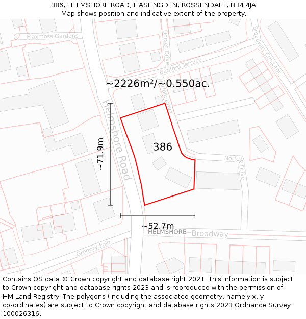 386, HELMSHORE ROAD, HASLINGDEN, ROSSENDALE, BB4 4JA: Plot and title map