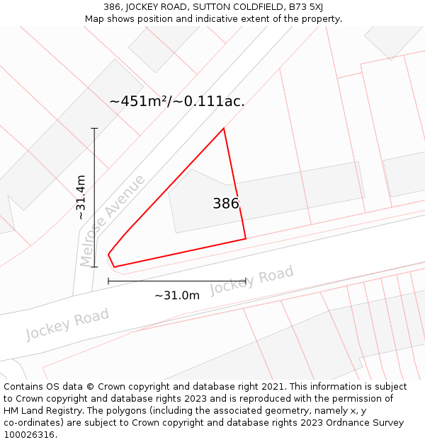 386, JOCKEY ROAD, SUTTON COLDFIELD, B73 5XJ: Plot and title map