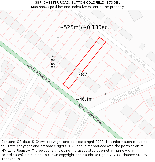 387, CHESTER ROAD, SUTTON COLDFIELD, B73 5BL: Plot and title map