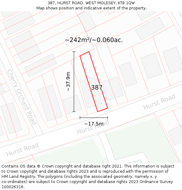 387, HURST ROAD, WEST MOLESEY, KT8 1QW: Plot and title map