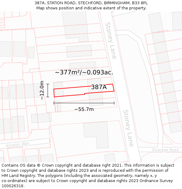 387A, STATION ROAD, STECHFORD, BIRMINGHAM, B33 8PL: Plot and title map