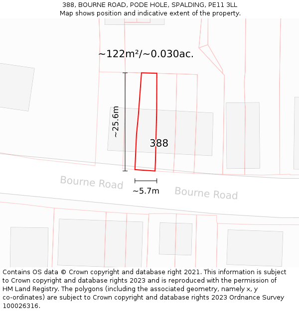 388, BOURNE ROAD, PODE HOLE, SPALDING, PE11 3LL: Plot and title map