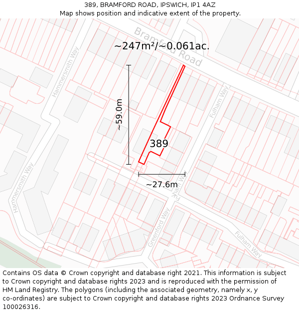 389, BRAMFORD ROAD, IPSWICH, IP1 4AZ: Plot and title map