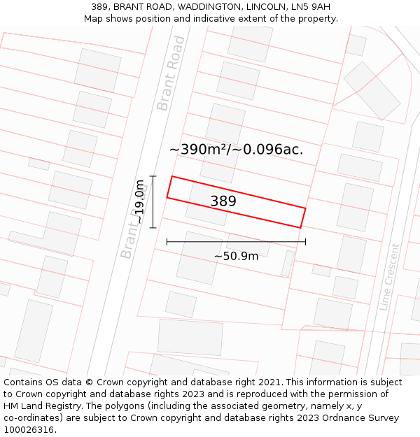 389, BRANT ROAD, WADDINGTON, LINCOLN, LN5 9AH: Plot and title map