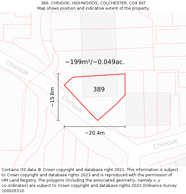 389, CHINOOK, HIGHWOODS, COLCHESTER, CO4 9XT: Plot and title map