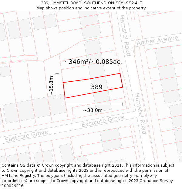 389, HAMSTEL ROAD, SOUTHEND-ON-SEA, SS2 4LE: Plot and title map