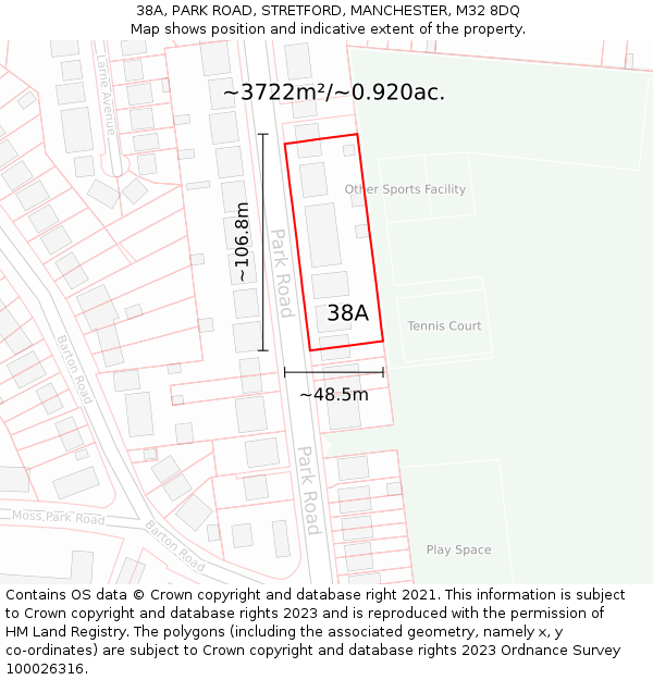 38A, PARK ROAD, STRETFORD, MANCHESTER, M32 8DQ: Plot and title map