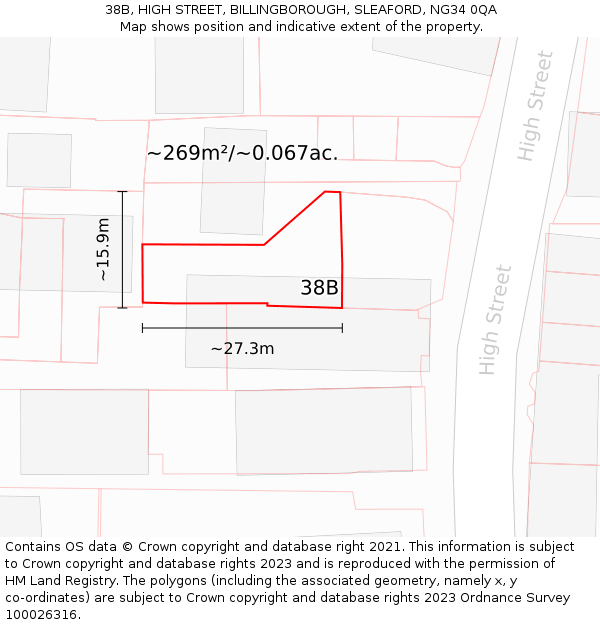 38B, HIGH STREET, BILLINGBOROUGH, SLEAFORD, NG34 0QA: Plot and title map