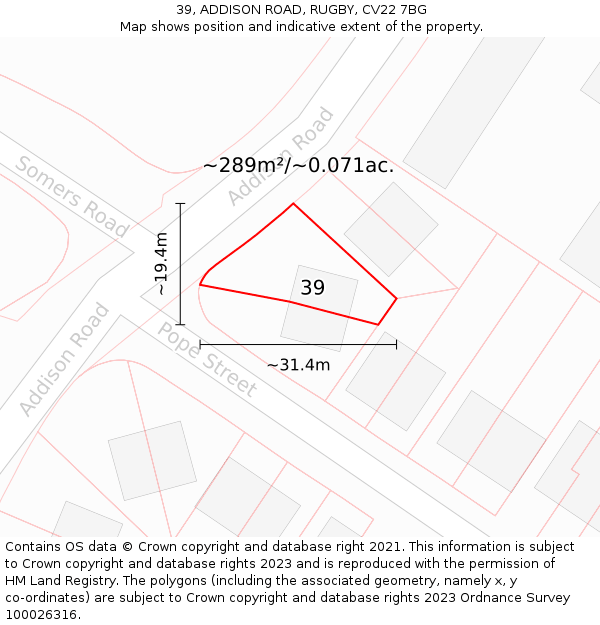 39, ADDISON ROAD, RUGBY, CV22 7BG: Plot and title map