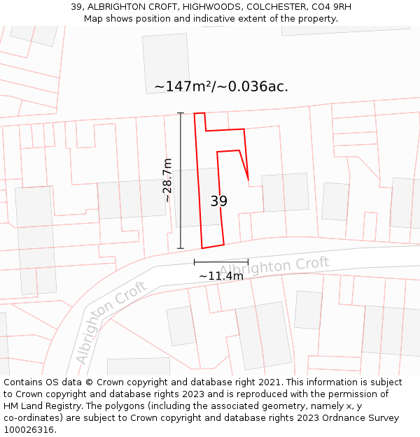 39, ALBRIGHTON CROFT, HIGHWOODS, COLCHESTER, CO4 9RH: Plot and title map