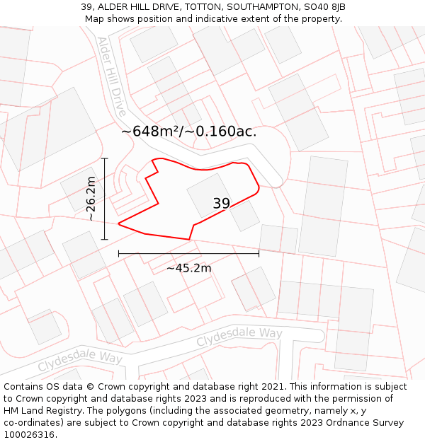 39, ALDER HILL DRIVE, TOTTON, SOUTHAMPTON, SO40 8JB: Plot and title map