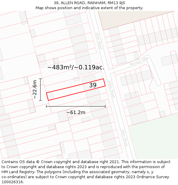 39, ALLEN ROAD, RAINHAM, RM13 9JS: Plot and title map