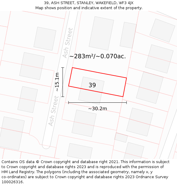 39, ASH STREET, STANLEY, WAKEFIELD, WF3 4JX: Plot and title map