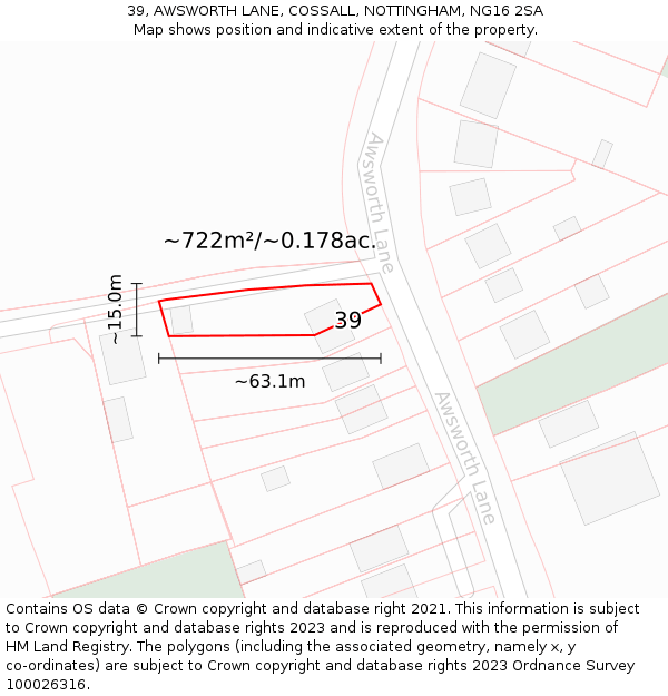 39, AWSWORTH LANE, COSSALL, NOTTINGHAM, NG16 2SA: Plot and title map