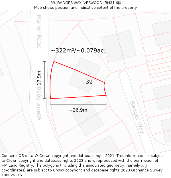 39, BADGER WAY, VERWOOD, BH31 6JX: Plot and title map