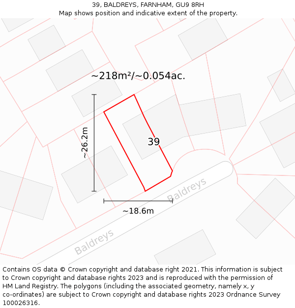 39, BALDREYS, FARNHAM, GU9 8RH: Plot and title map