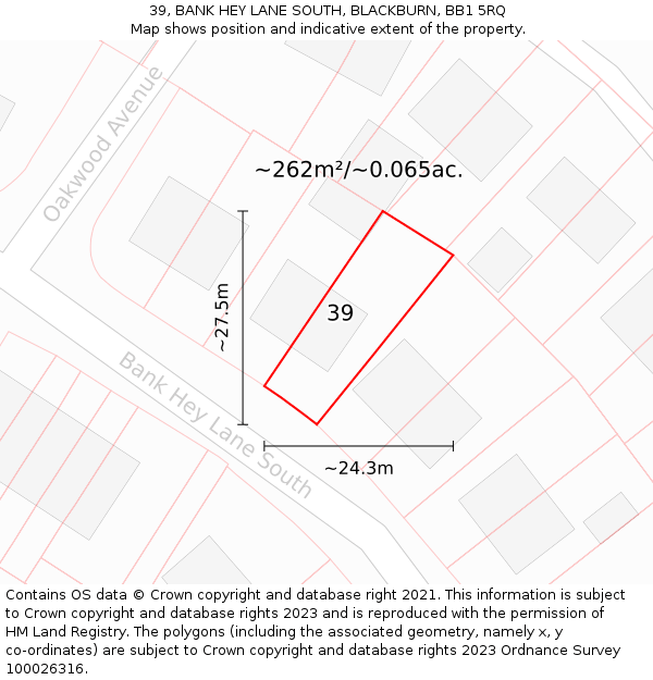 39, BANK HEY LANE SOUTH, BLACKBURN, BB1 5RQ: Plot and title map