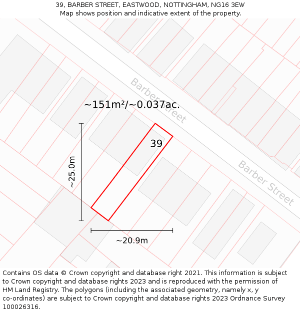 39, BARBER STREET, EASTWOOD, NOTTINGHAM, NG16 3EW: Plot and title map