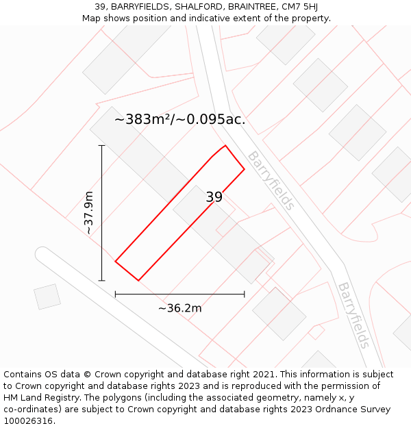 39, BARRYFIELDS, SHALFORD, BRAINTREE, CM7 5HJ: Plot and title map