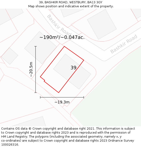 39, BASHKIR ROAD, WESTBURY, BA13 3GY: Plot and title map