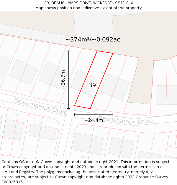 39, BEAUCHAMPS DRIVE, WICKFORD, SS11 8LX: Plot and title map