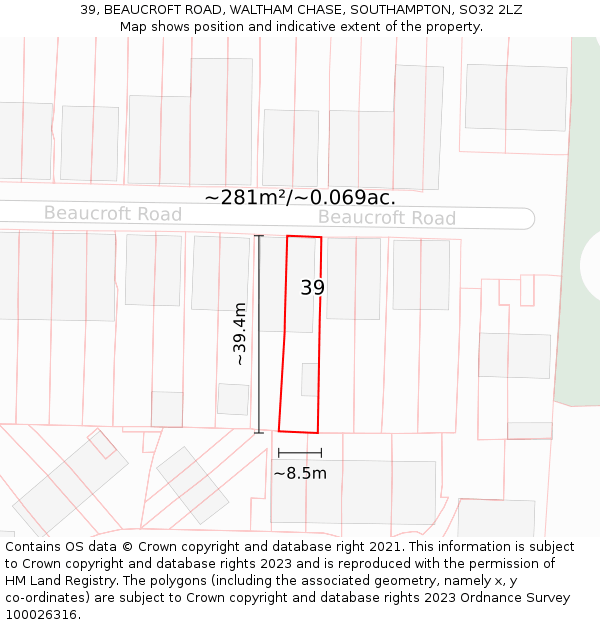 39, BEAUCROFT ROAD, WALTHAM CHASE, SOUTHAMPTON, SO32 2LZ: Plot and title map