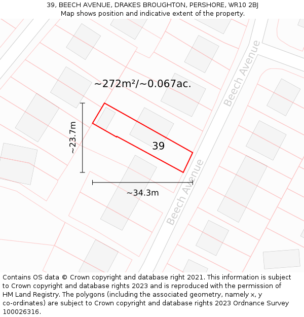 39, BEECH AVENUE, DRAKES BROUGHTON, PERSHORE, WR10 2BJ: Plot and title map