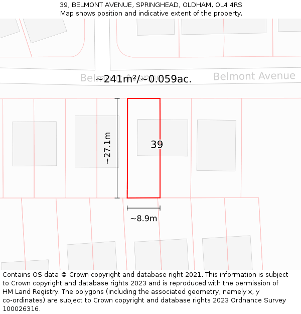 39, BELMONT AVENUE, SPRINGHEAD, OLDHAM, OL4 4RS: Plot and title map