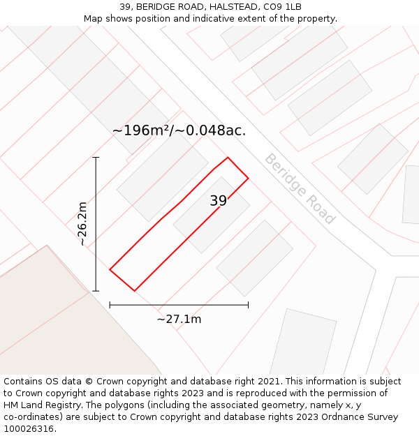 39, BERIDGE ROAD, HALSTEAD, CO9 1LB: Plot and title map