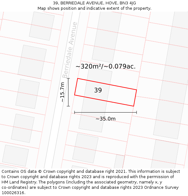 39, BERRIEDALE AVENUE, HOVE, BN3 4JG: Plot and title map