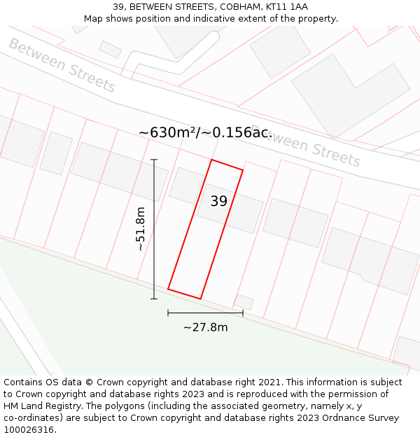 39, BETWEEN STREETS, COBHAM, KT11 1AA: Plot and title map