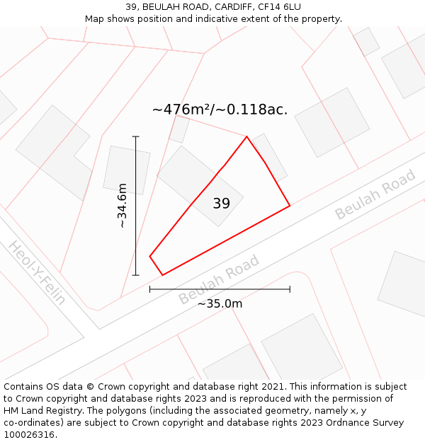 39, BEULAH ROAD, CARDIFF, CF14 6LU: Plot and title map