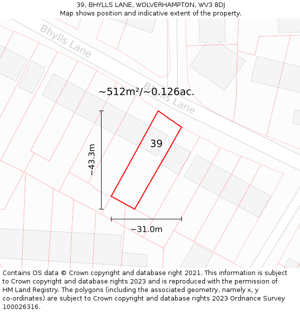 39, BHYLLS LANE, WOLVERHAMPTON, WV3 8DJ: Plot and title map