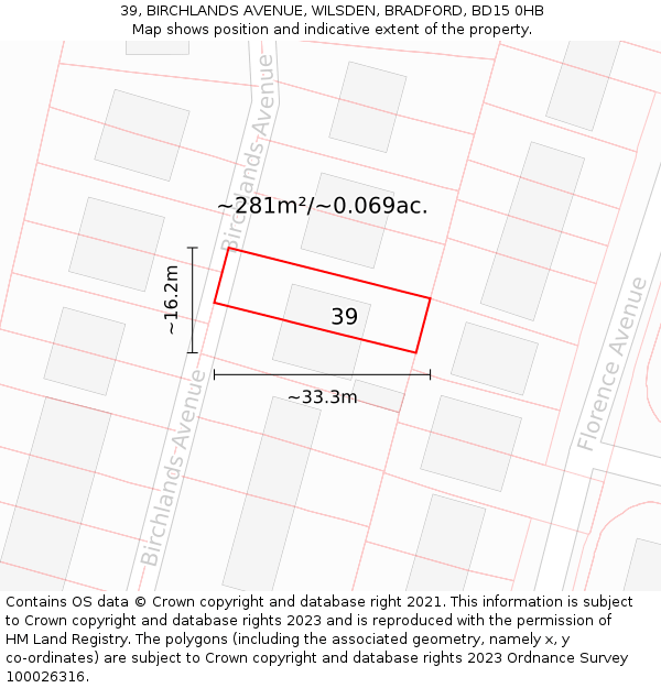 39, BIRCHLANDS AVENUE, WILSDEN, BRADFORD, BD15 0HB: Plot and title map