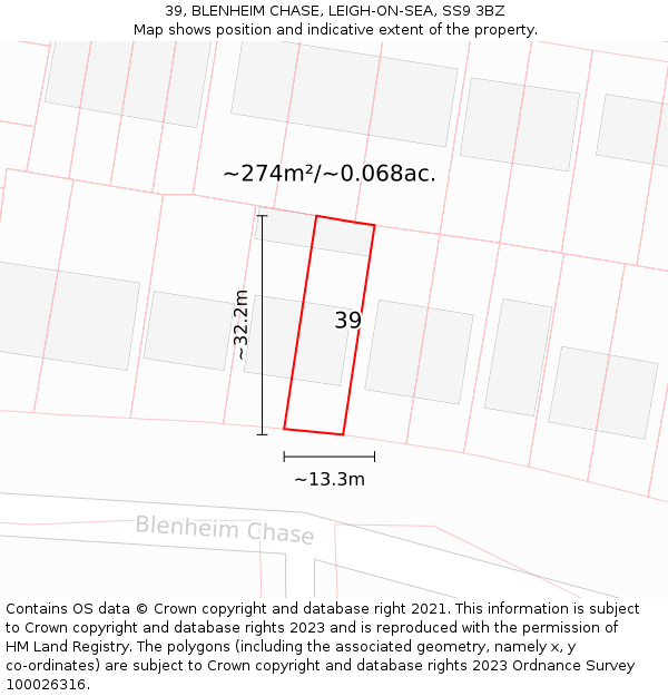 39, BLENHEIM CHASE, LEIGH-ON-SEA, SS9 3BZ: Plot and title map