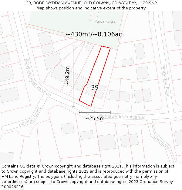 39, BODELWYDDAN AVENUE, OLD COLWYN, COLWYN BAY, LL29 9NP: Plot and title map