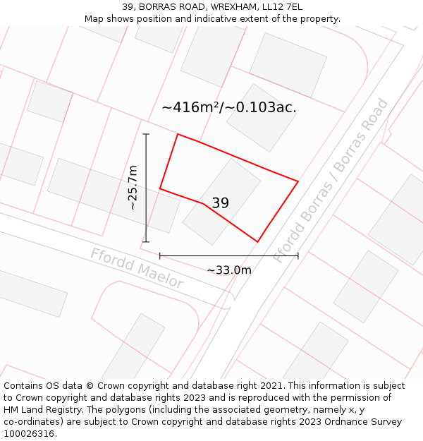 39, BORRAS ROAD, WREXHAM, LL12 7EL: Plot and title map