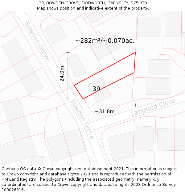 39, BOWDEN GROVE, DODWORTH, BARNSLEY, S75 3TB: Plot and title map