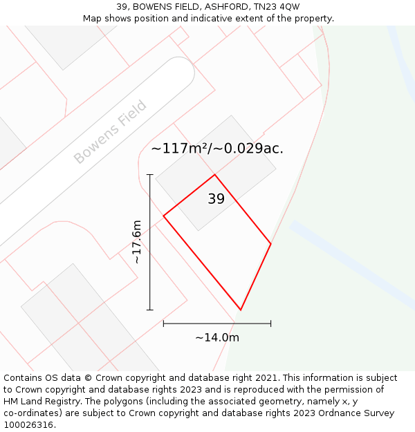 39, BOWENS FIELD, ASHFORD, TN23 4QW: Plot and title map