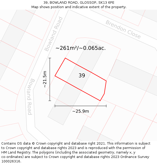 39, BOWLAND ROAD, GLOSSOP, SK13 6PE: Plot and title map