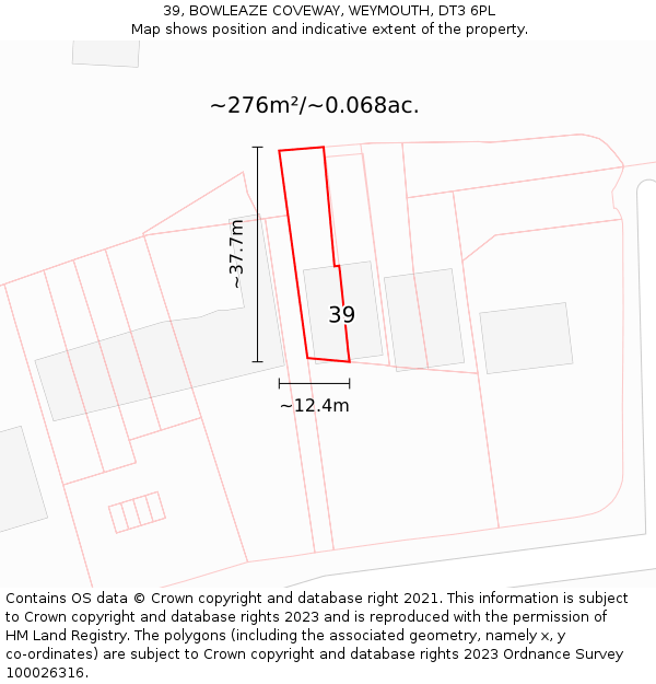 39, BOWLEAZE COVEWAY, WEYMOUTH, DT3 6PL: Plot and title map