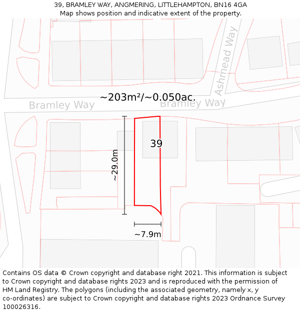 39, BRAMLEY WAY, ANGMERING, LITTLEHAMPTON, BN16 4GA: Plot and title map