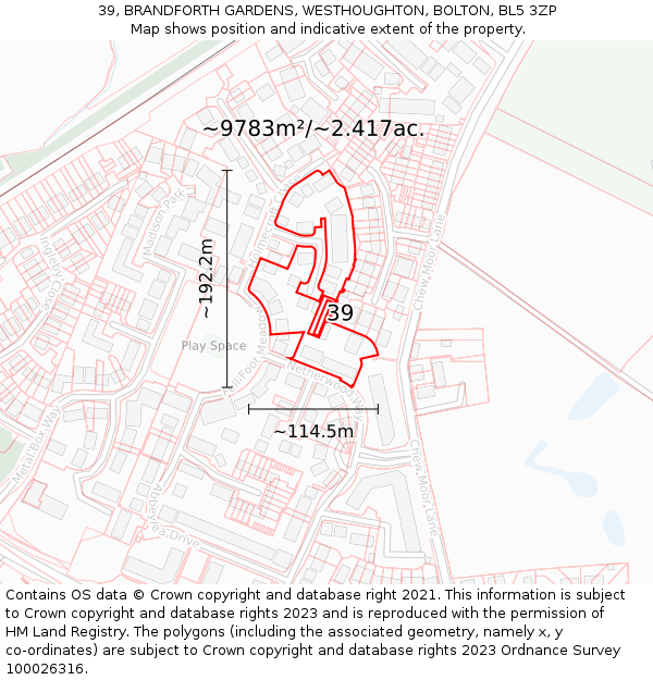 39, BRANDFORTH GARDENS, WESTHOUGHTON, BOLTON, BL5 3ZP: Plot and title map